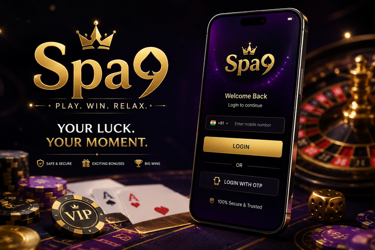 Spa9 mobile login screen alongside casino table elements